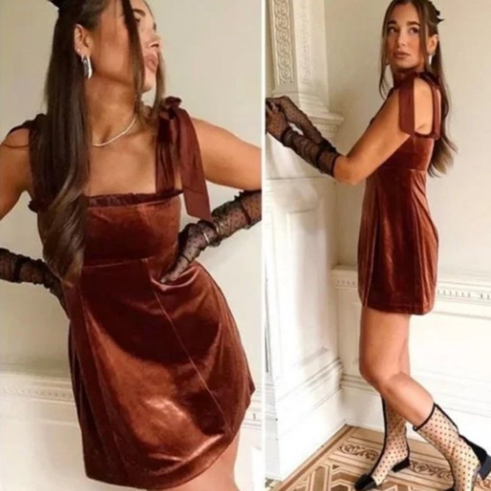 NWT DANIELLE BERNSTEIN Women's Brown Ruffled Tie Velvet Mini Preppy Dress Size M